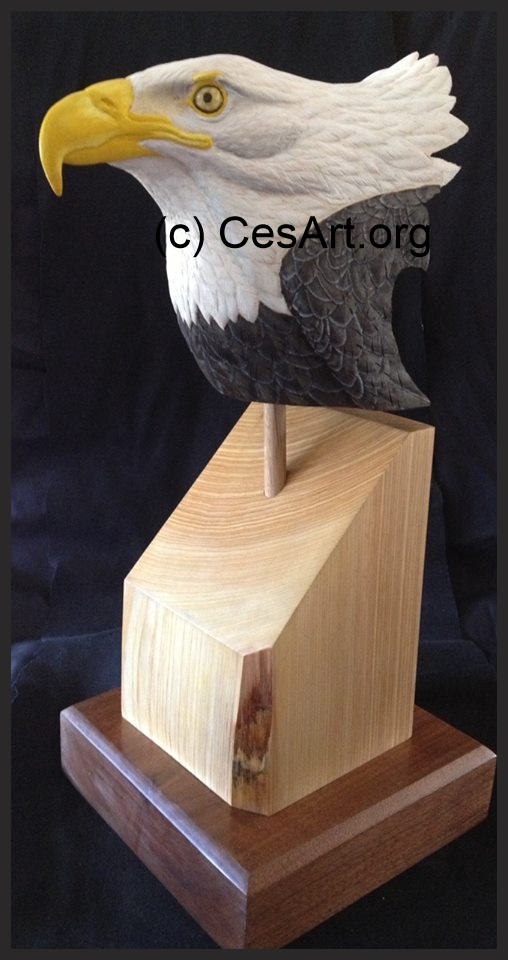 Life Size Eagle Bust, fully detailed on a Cypress and Black Walnut base, painted in oils.